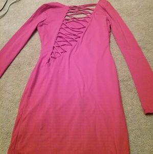 red long-sleeved cage-neckline dress